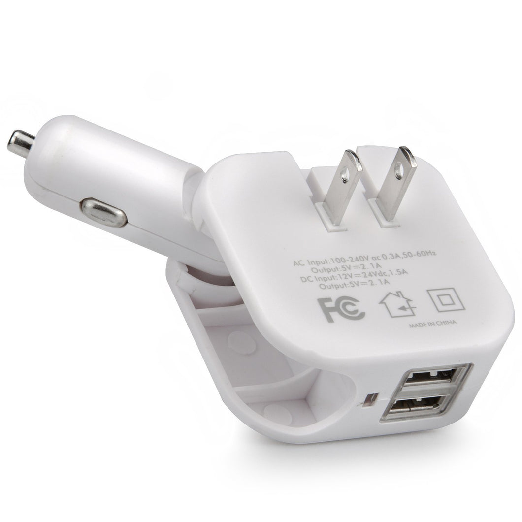 Baytek 2 in 1 Car & Home Charger w 2 USB Charging Ports (AC & DC) in White