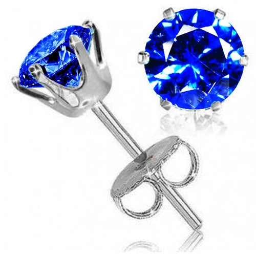 Sterling Silver 6mm 6 Prongs Round Sapphire Stud Earrings